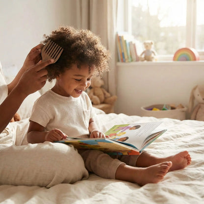Parent démêlant cheveux enfant souriant peigne Afro BoisSantal sans douleur