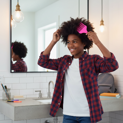 Peigne Afro Lift rose – ado coiffant afro devant miroir