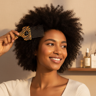 Peigne Afro Pick Acier – femme afro souriante