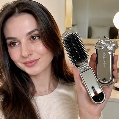 Peigne Cheveux Pliable Nœud Décoratif femme tenant brosse ouverte