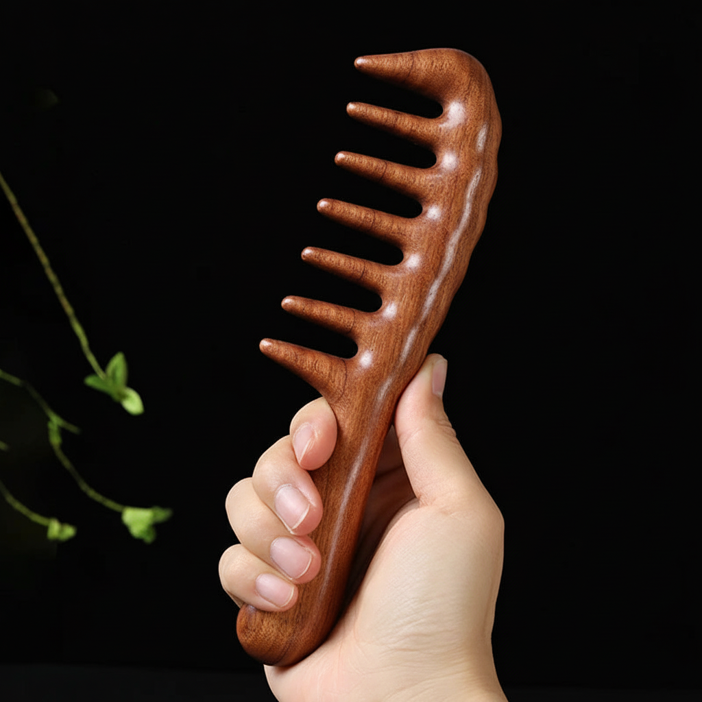 Peigne Demelant Santal tenu en main  dents larges anti-casse