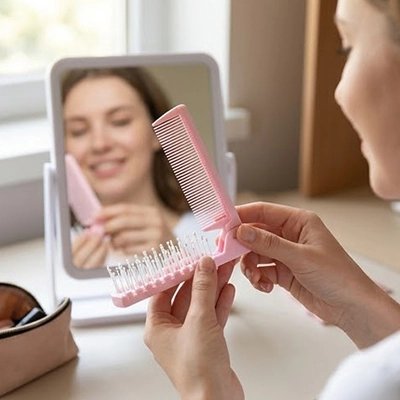 Peigne Pliable Pastel Démêlant rose tenu devant miroir