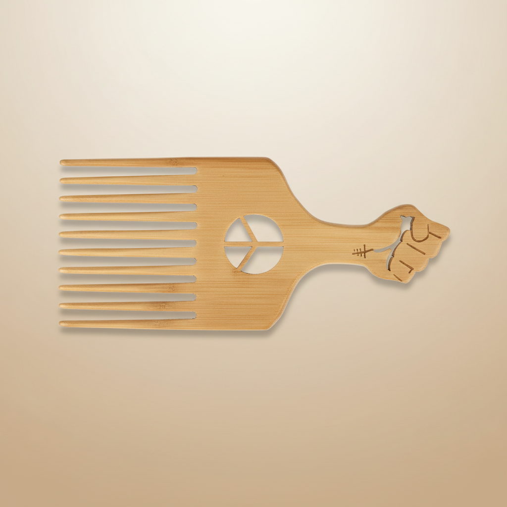 Peigne afro PowerWood bois naturel design poing 16 cm