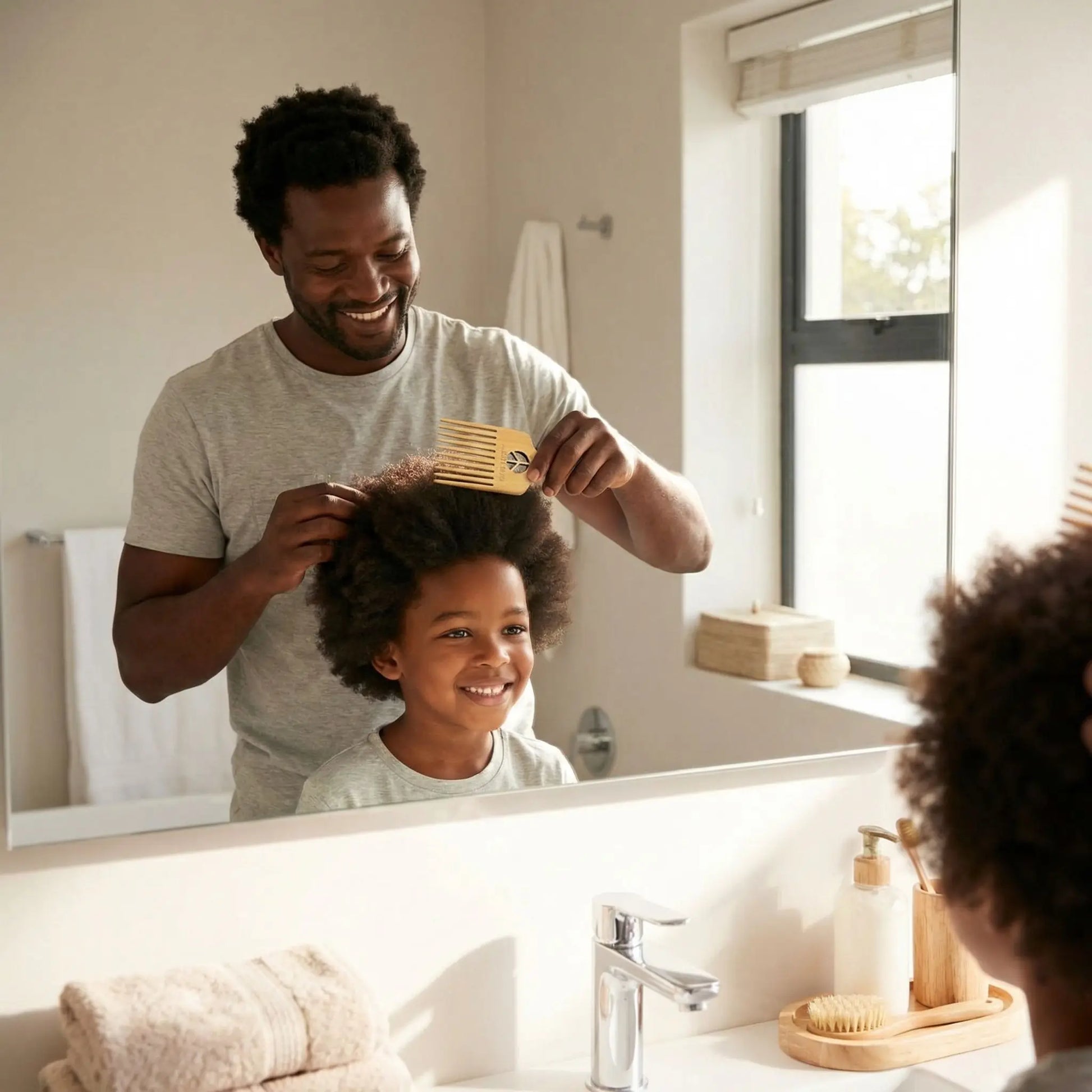 Père et fils utilisant peigne afro PowerWood devant miroir