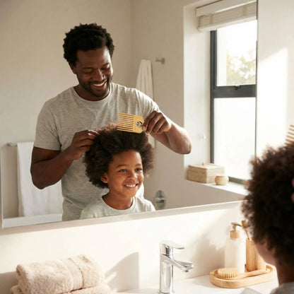 Père et fils utilisant peigne afro PowerWood devant miroir