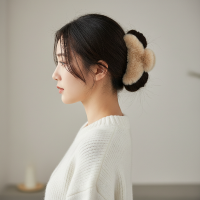 Pince Cheveux Extra Large Peluche beige clair – chignon bas élégant