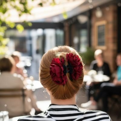 Pince Cheveux Pivoine chignon rouge vin terrasse