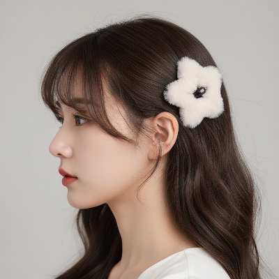 Pince Étoile Peluche blanc coiffure frange latérale