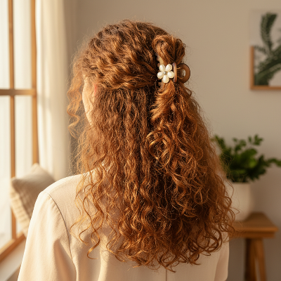 Pince à Cheveux Fleur Blanche boucles spirales demi-queue