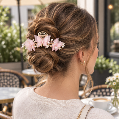 Pince à cheveux  Éclat Papillon rose portée au café