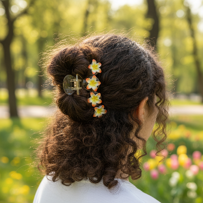 Pince à cheveux Fleurie Colorée orange – demi-chignon cheveux bouclés