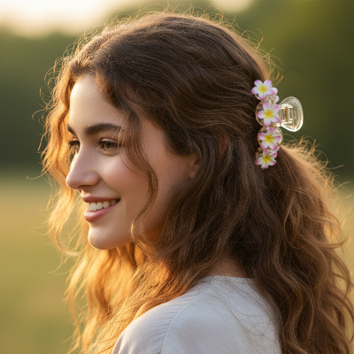 Pince à cheveux Fleurie Colorée rose demi queue de cheval

