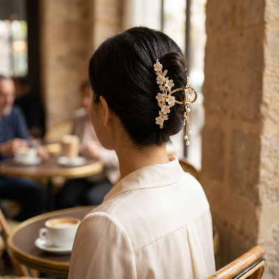 Pince à cheveux  Fleurs Perlées portée femme au café