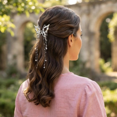 Pince à cheveux Papillon Dentelle sur cheveux ondulés au jardin