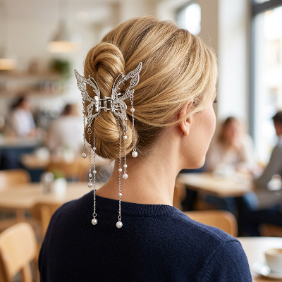 Pince à cheveux Papillon Dentelle sur  chignon torsadé au café