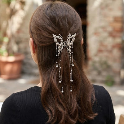 Pince à cheveux Papillon Dentelle sur  demi-queue brune