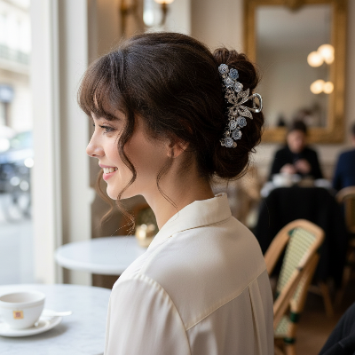 Pince à cheveux Papillon Fleuri Strass chignon bouclé café parisien