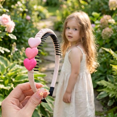 Serre-Tête Petits Cœurs  par fillette au jardin fleuri