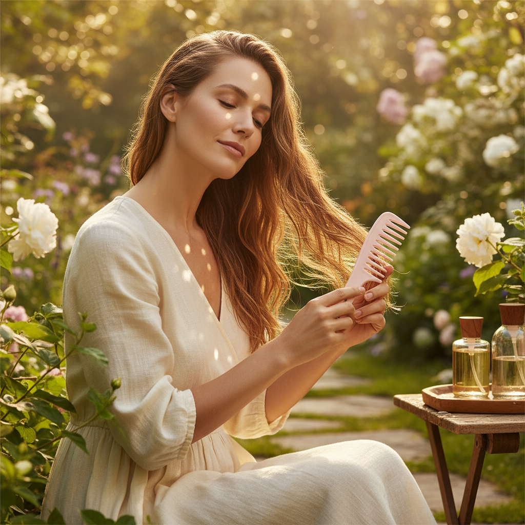 Soin cheveux extérieur peigne Douceur jardin bien-être naturel