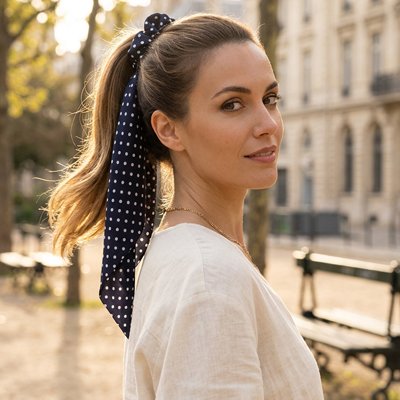 Style détendu Chouchou Ruban Foulard Pois marine satiné 