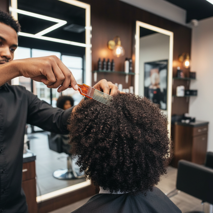 Coiffeur professionnel définissant boucles afro avec peigne AfroGlide