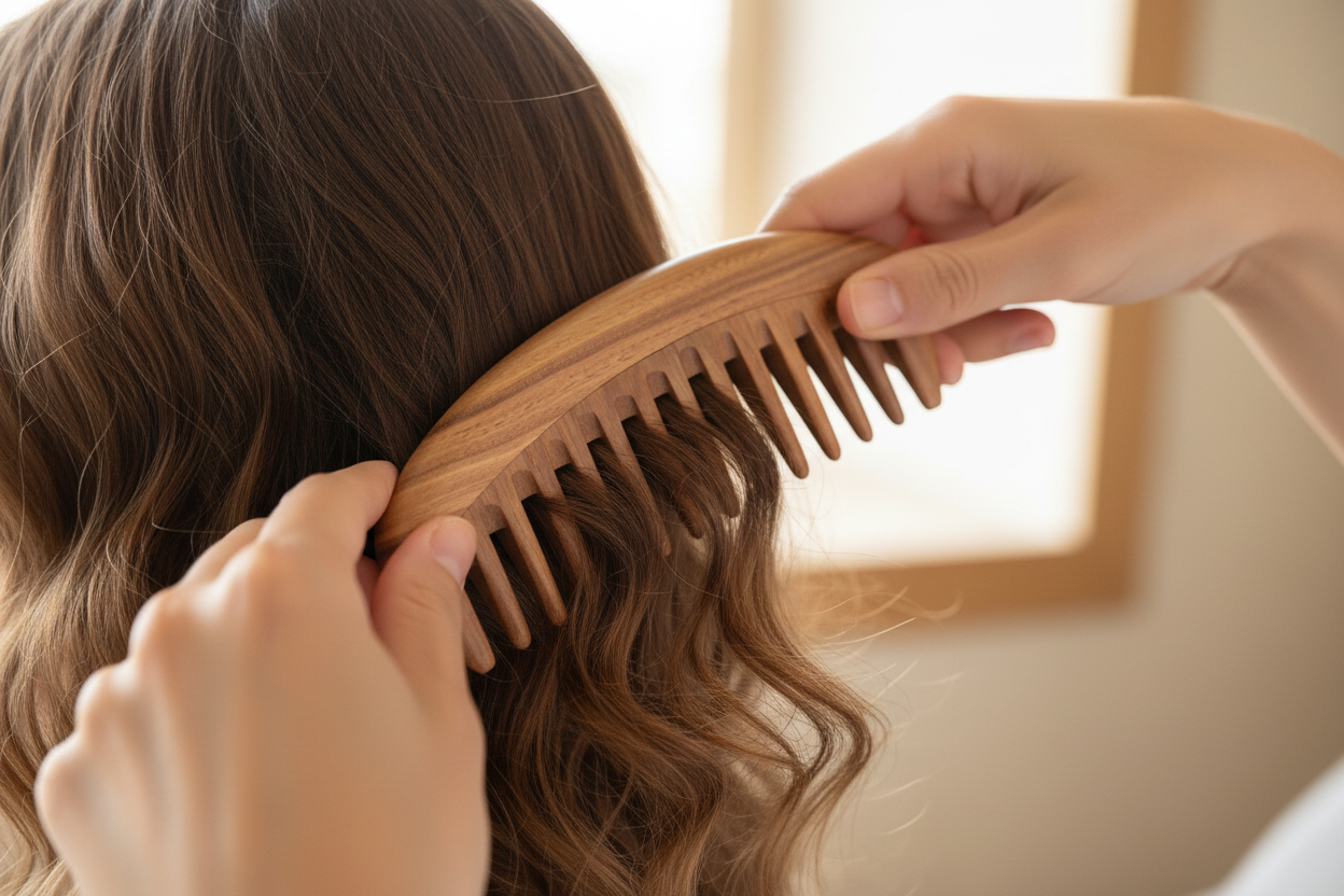 Gros plan peigne plat bois santal - corrigé