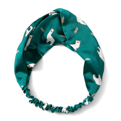 Bandeau cheveux femme vert satiné imprimé lamas noué bohème